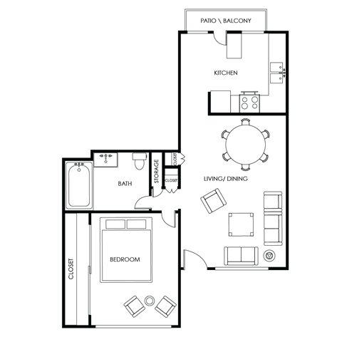 Floor plan for 1 bed, 1 bath, 1181 sqft